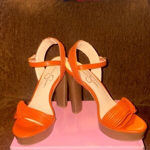 Jessica Simpson Orange Strappy Block-Heels & Crossbody Purse set  size 8.5M/39.5